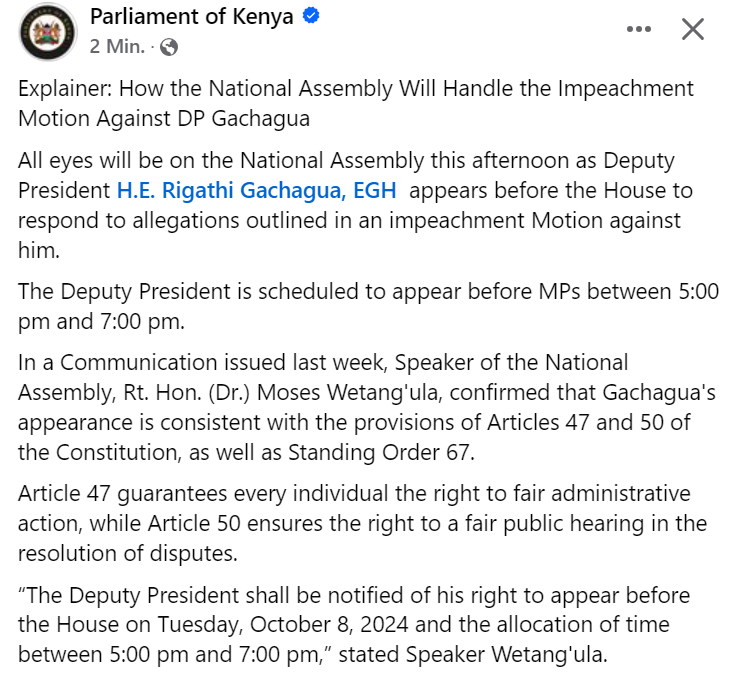 Kenya's parliament to decide on Impeachment Motion against Deputy President Rigathi Gachagua today. The DP is scheduled to appear before MPs between 5:00 pm and 7:00 pm