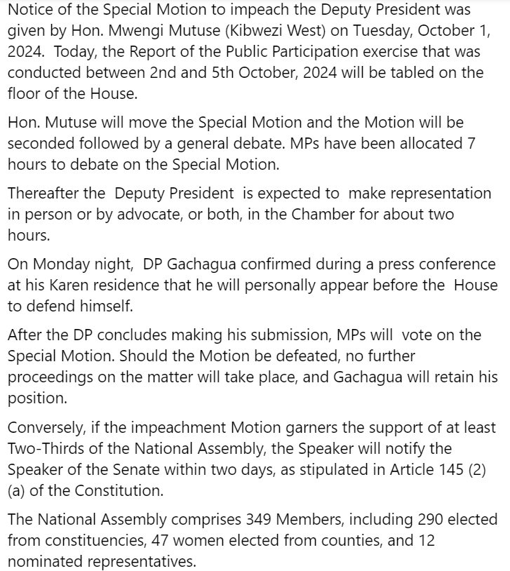 Kenya's parliament to decide on Impeachment Motion against Deputy President Rigathi Gachagua today. The DP is scheduled to appear before MPs between 5:00 pm and 7:00 pm