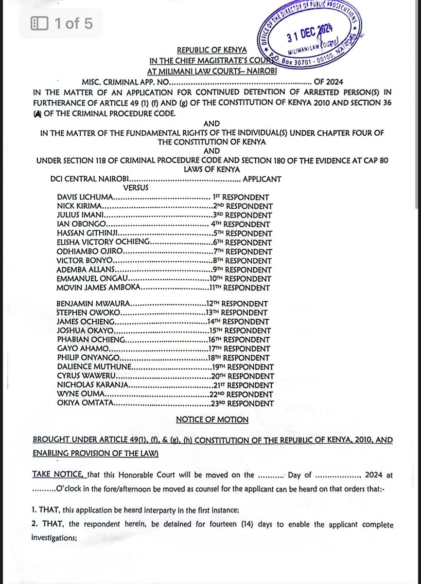 Kenyan prosecutors seek to detain 23 arrested anti-abduction protesters for 14 days (incl Okiya Omtatah.)They want to “extract WhatsApp, Facebook and X messages and photos taken that are inciting members of the public against the state” from their phones and get CCTV