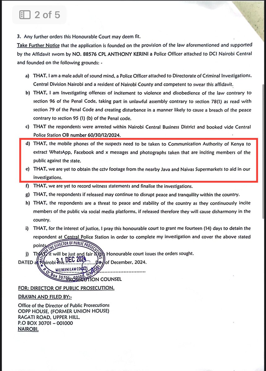 Kenyan prosecutors seek to detain 23 arrested anti-abduction protesters for 14 days (incl Okiya Omtatah.)They want to “extract WhatsApp, Facebook and X messages and photos taken that are inciting members of the public against the state” from their phones and get CCTV