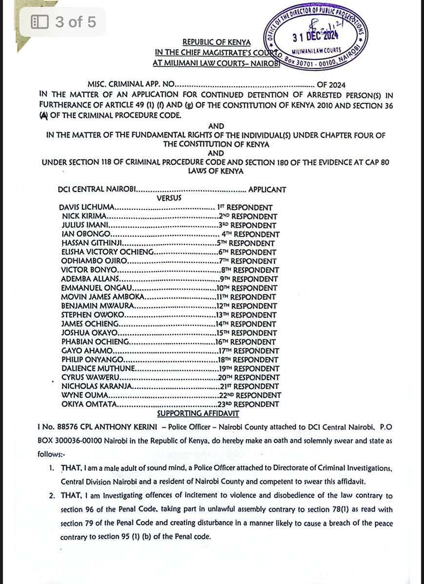 Kenyan prosecutors seek to detain 23 arrested anti-abduction protesters for 14 days (incl Okiya Omtatah.)They want to “extract WhatsApp, Facebook and X messages and photos taken that are inciting members of the public against the state” from their phones and get CCTV