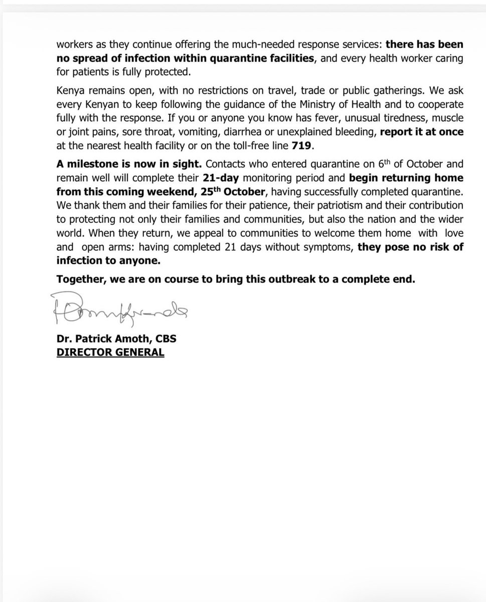 Kenya confirms 9th Ebola case, with all cases linked to a single cluster and no evidence of transmission outside the group